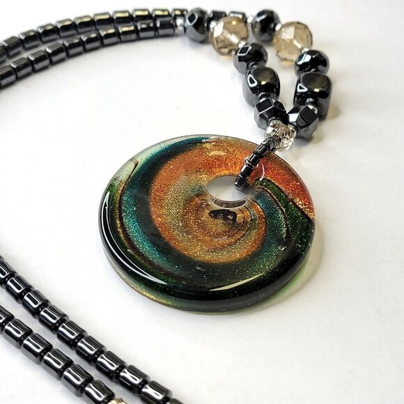 Hematite Necklace Murano Glass Rainbow Twirl Pendant - Picture 3 of 15